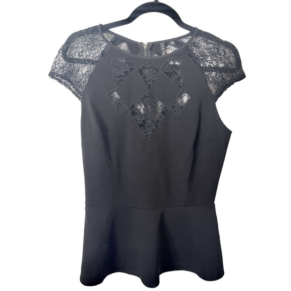 Guess Black Lace Inset Cut Out Black Peplum Top M - Picture 1 of 6
